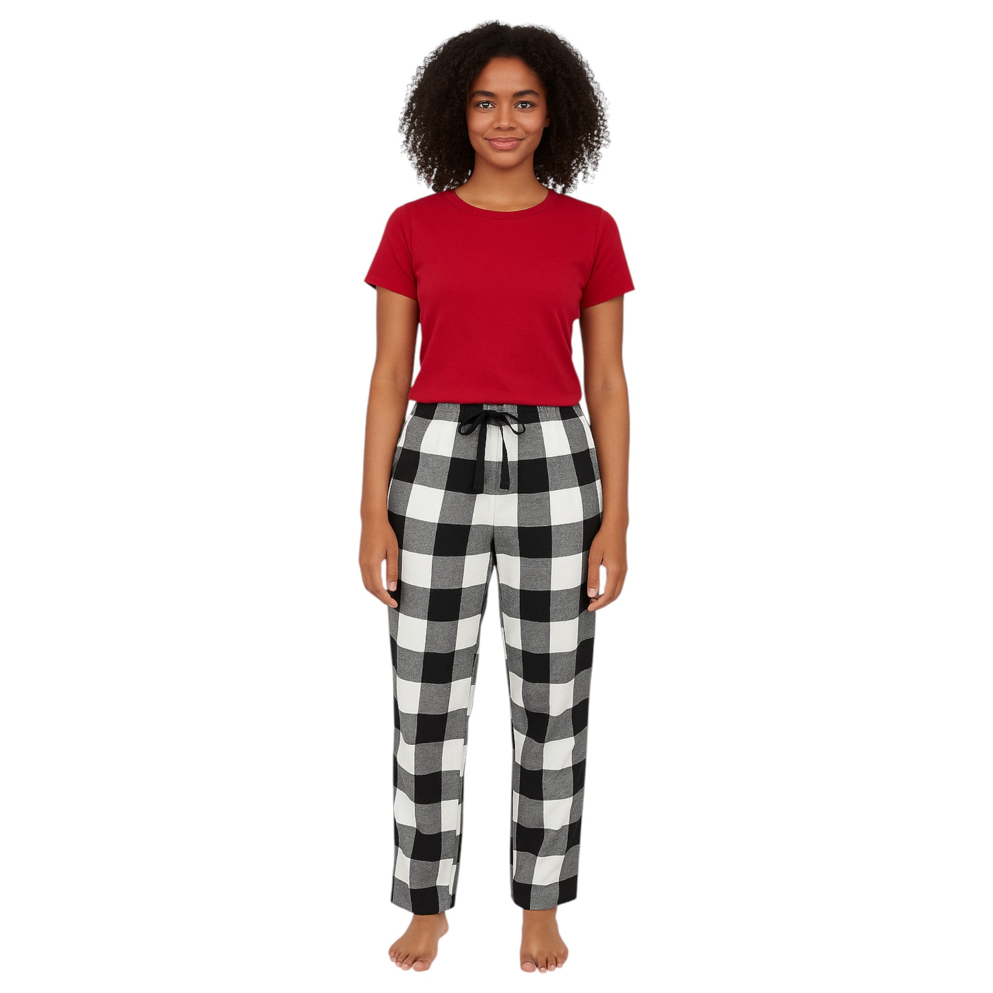 Women's black and white check lounge pants trousers with drawstring waist – soft cotton flannel sleepwear bottoms